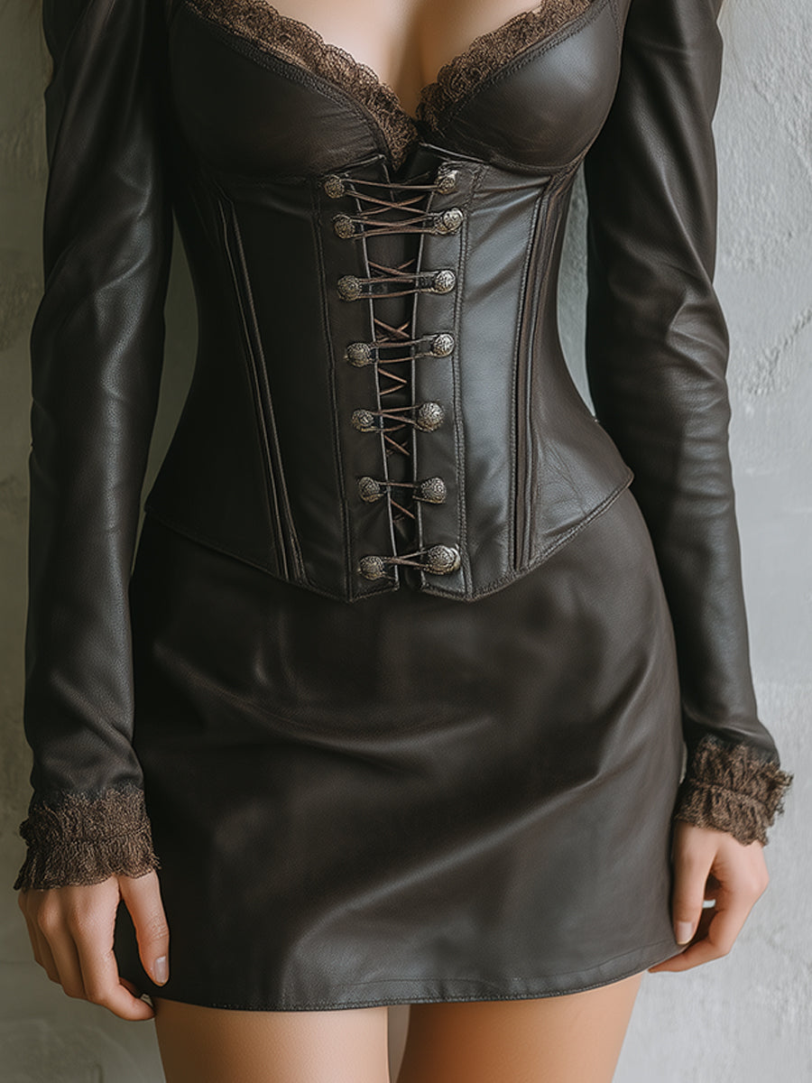 Retro Environmentally Friendly PU Detachable Girdle Lace Slim Fit Mini Dress Set