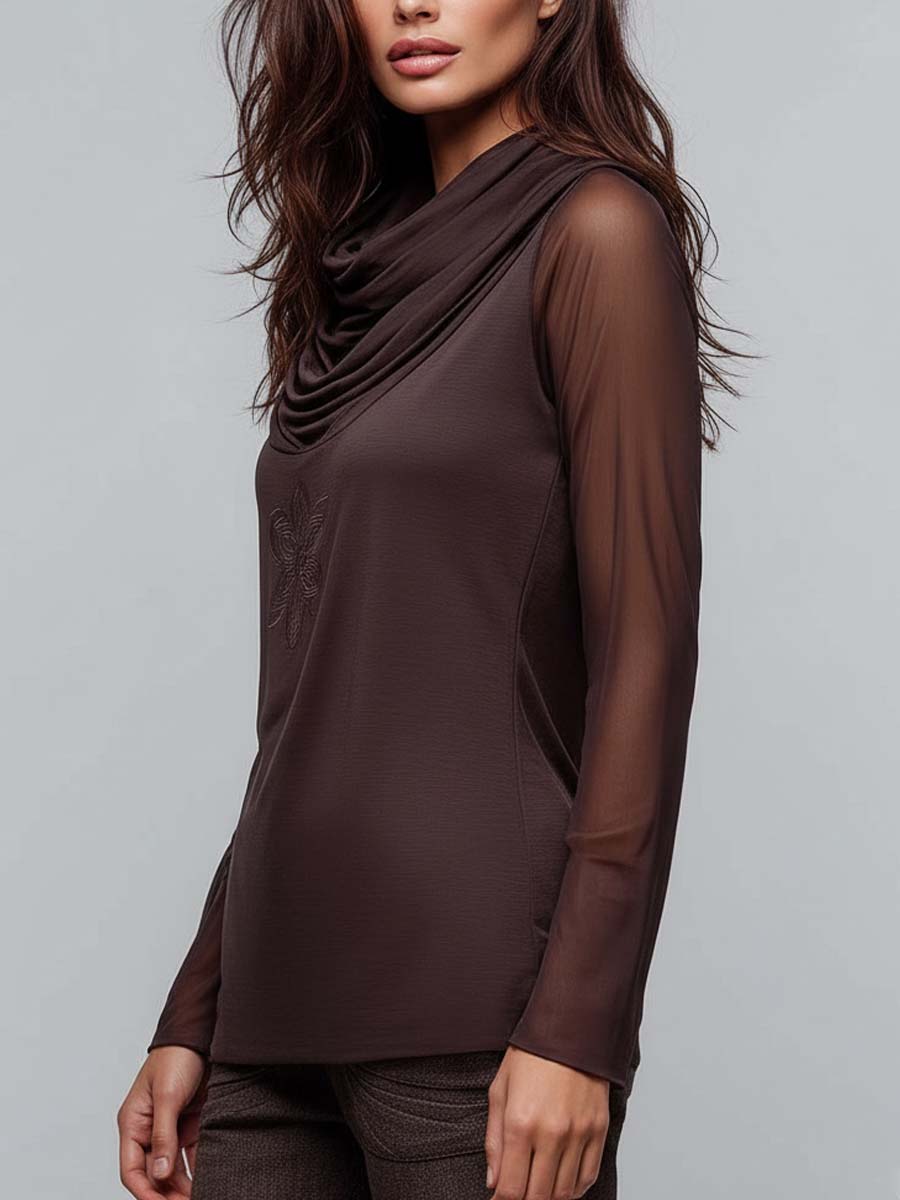 Draped Cowl-Neck Top With Sheer Mesh Sleeves And Embroidered Motif