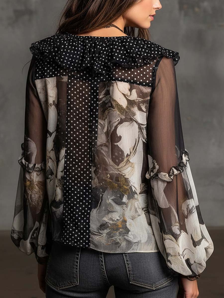 Bohemian Vintage Polka-Dot Ruffle Chiffon Blouse