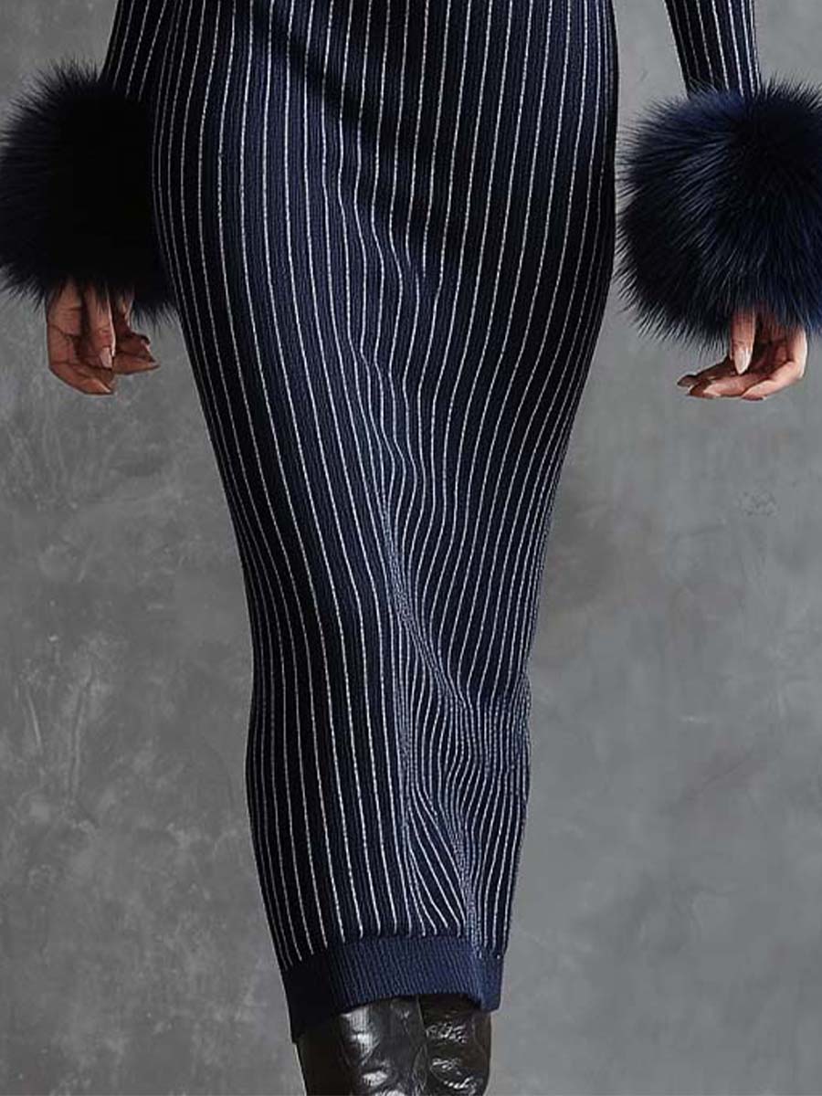 Ribbed Knit Midi Dress With Statement Buttons And Faux Fur Cuffs