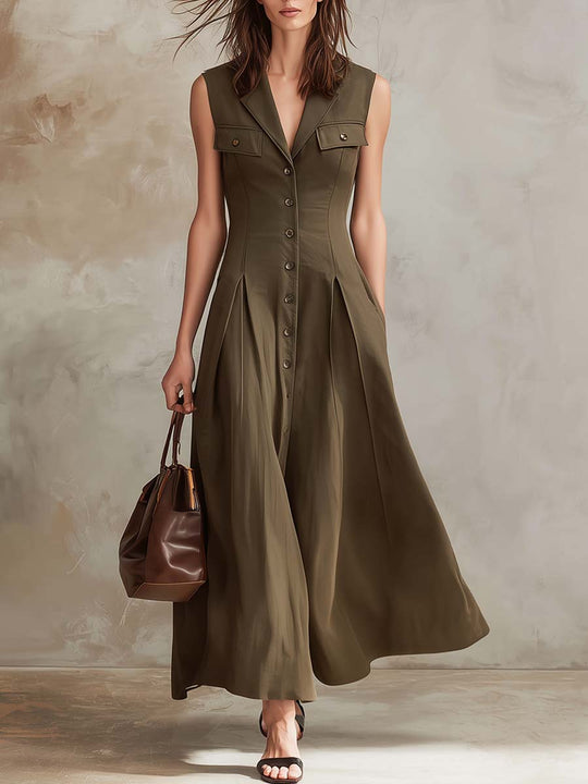 Retro Peaked Lapel Cotton Linen Maxi Dress