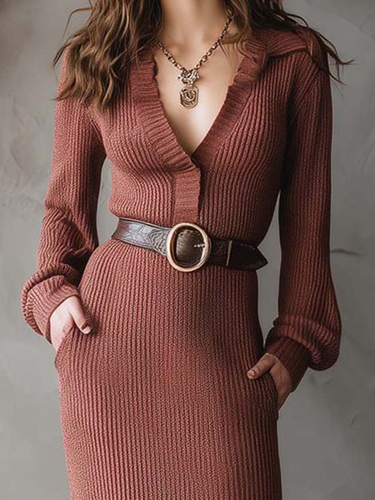 Ribbed Knit Maxi Dress With Deep V Collar And Leather Belt
