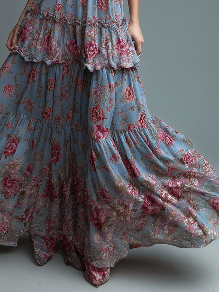 Boho Romantic High Neck Floral Tiered Maxi Dress Gown – Futario
