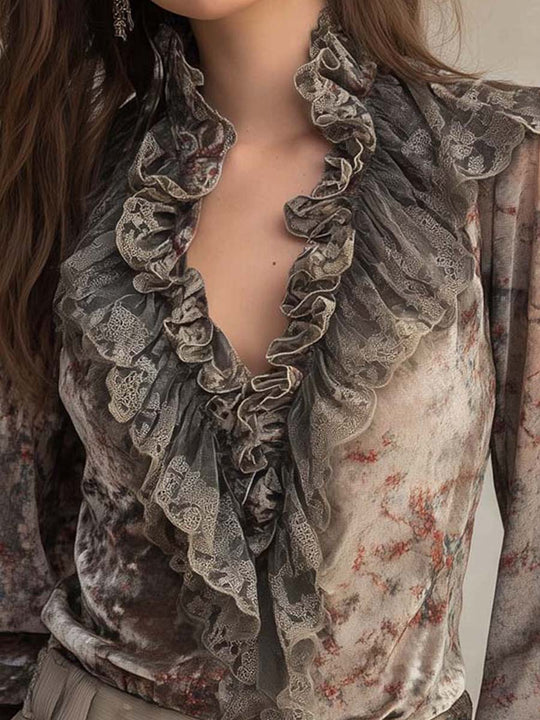 Velvet Floral Print Ruffled Blouse