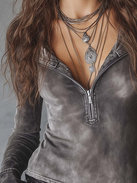 Washed Grey Denim Shirt With Zip-up Collar And Flared Cuffs