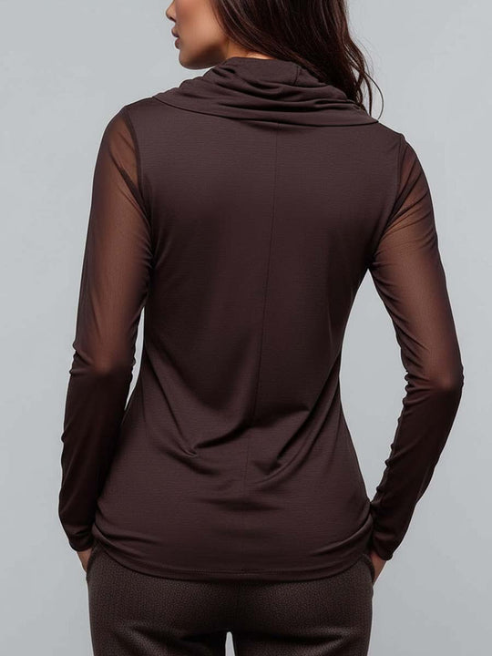 Draped Cowl-Neck Top With Sheer Mesh Sleeves And Embroidered Motif