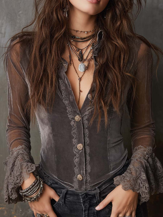 Vintage Polyester Velvet Sheer Sleeves Lace Trim Blouse