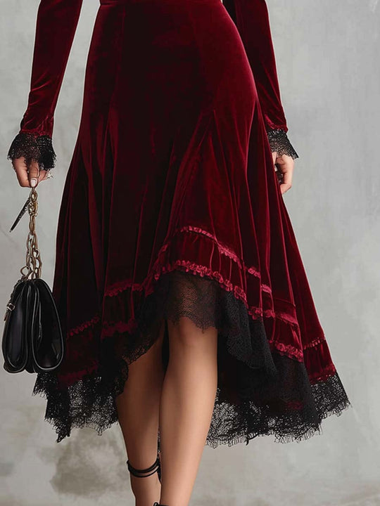 Vintage Lace Trim Flare Hem Polyester Velvet Midi Dress