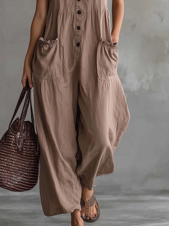 Retro Ruffle-neck Buttons Wide-leg Jumpsuit