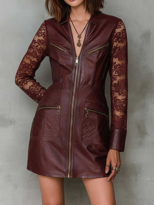 Classic Burgundy Eco Leather Zip-Front Mini Dress With Lace Sleeve
