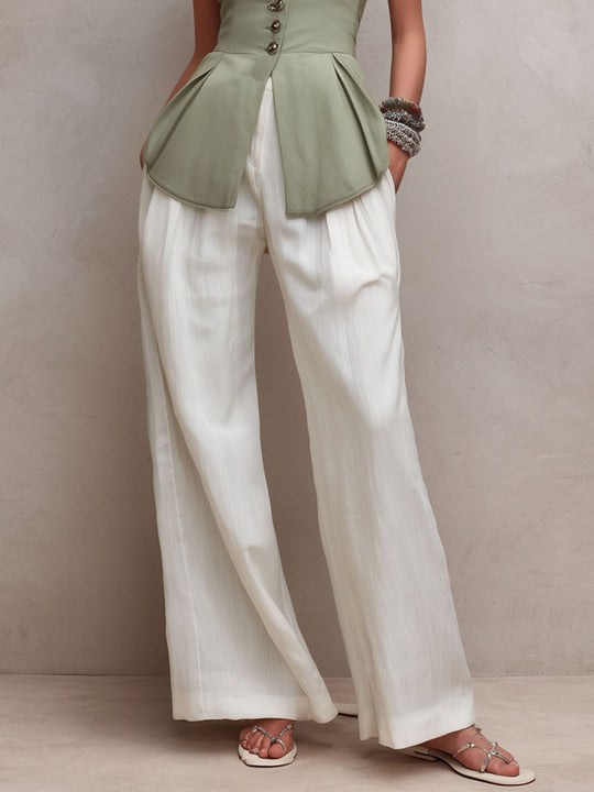 Chic Sage Green Peplum Vest & White Wide-Leg Pants Set