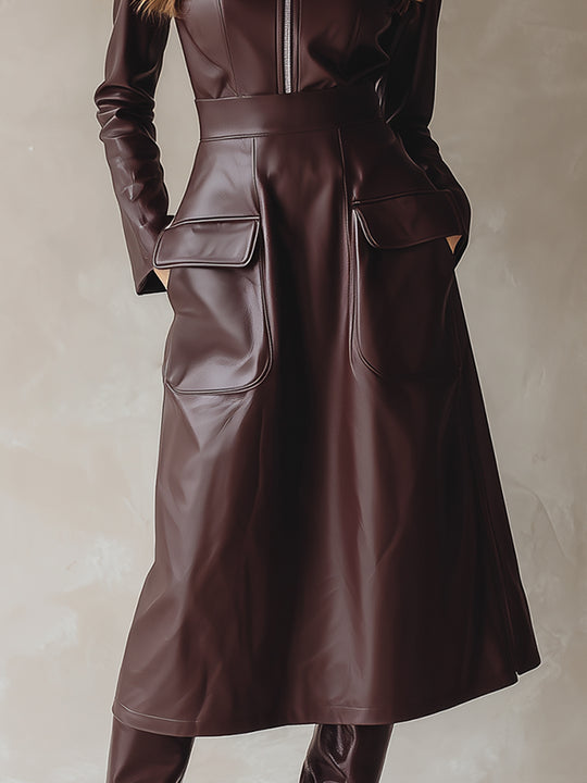 Retro Eco-friendly Leather Half-open Zipper Flap Pocket Midi Dress