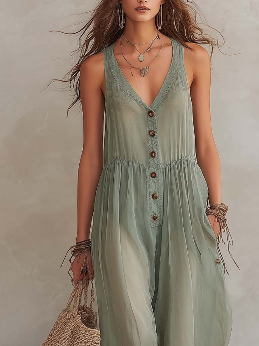 Retro-style Buttoned Chiffon Wide-leg Jumpsuit