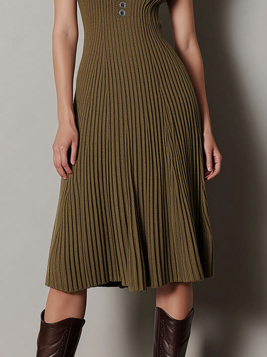 Elegant V-Neck Olive Ribbed Knit Midi Dress With Flared Hem