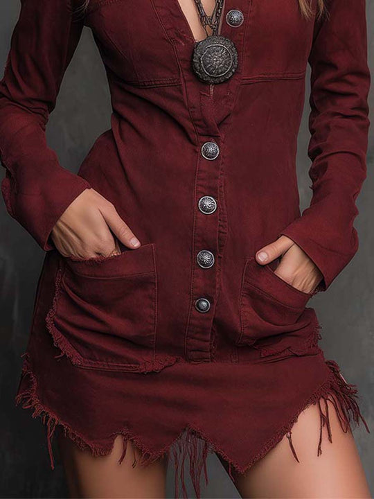 Washed Cotton Denim Frayed Hem Mini Dress