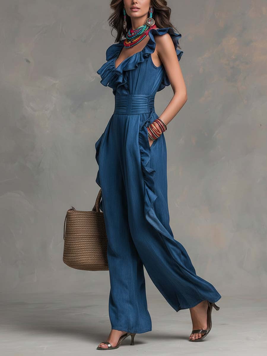 Boho-Vintage Elegant Tencel Faux-Denim Ruffle Wide-Leg Jumpsuit