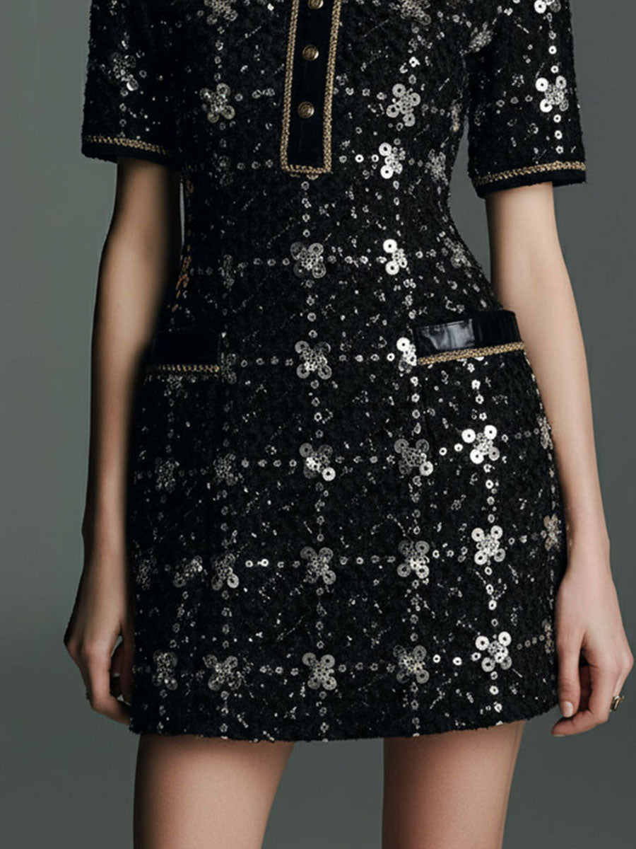 Retro Glamour Luxe Black Sequin Tweed Mini Dress