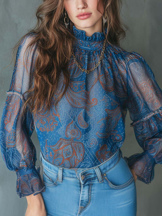 Vintage Pleated Neck Ruffle Cuffs Paisley Chiffon Blouse