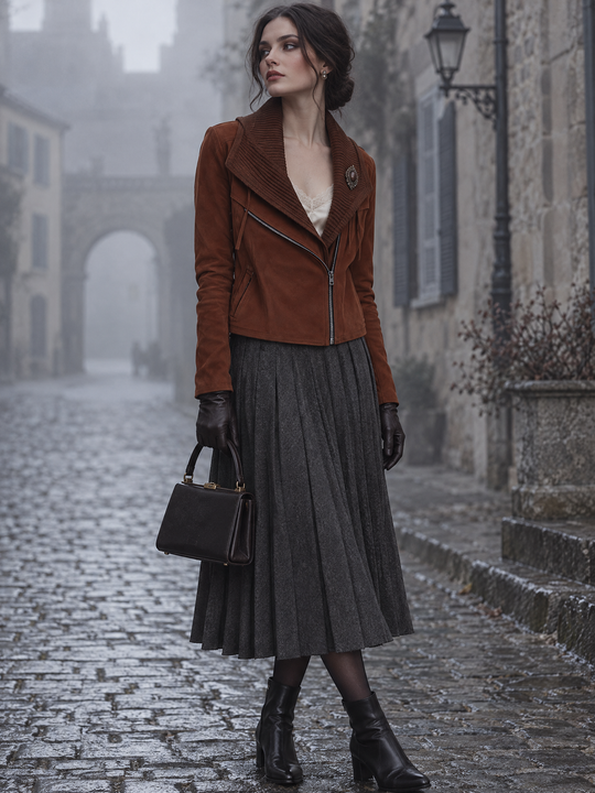Women's Rust Brown Faux Suede Asymmetric Zip Moto Jacket with Rib-Knit Collar