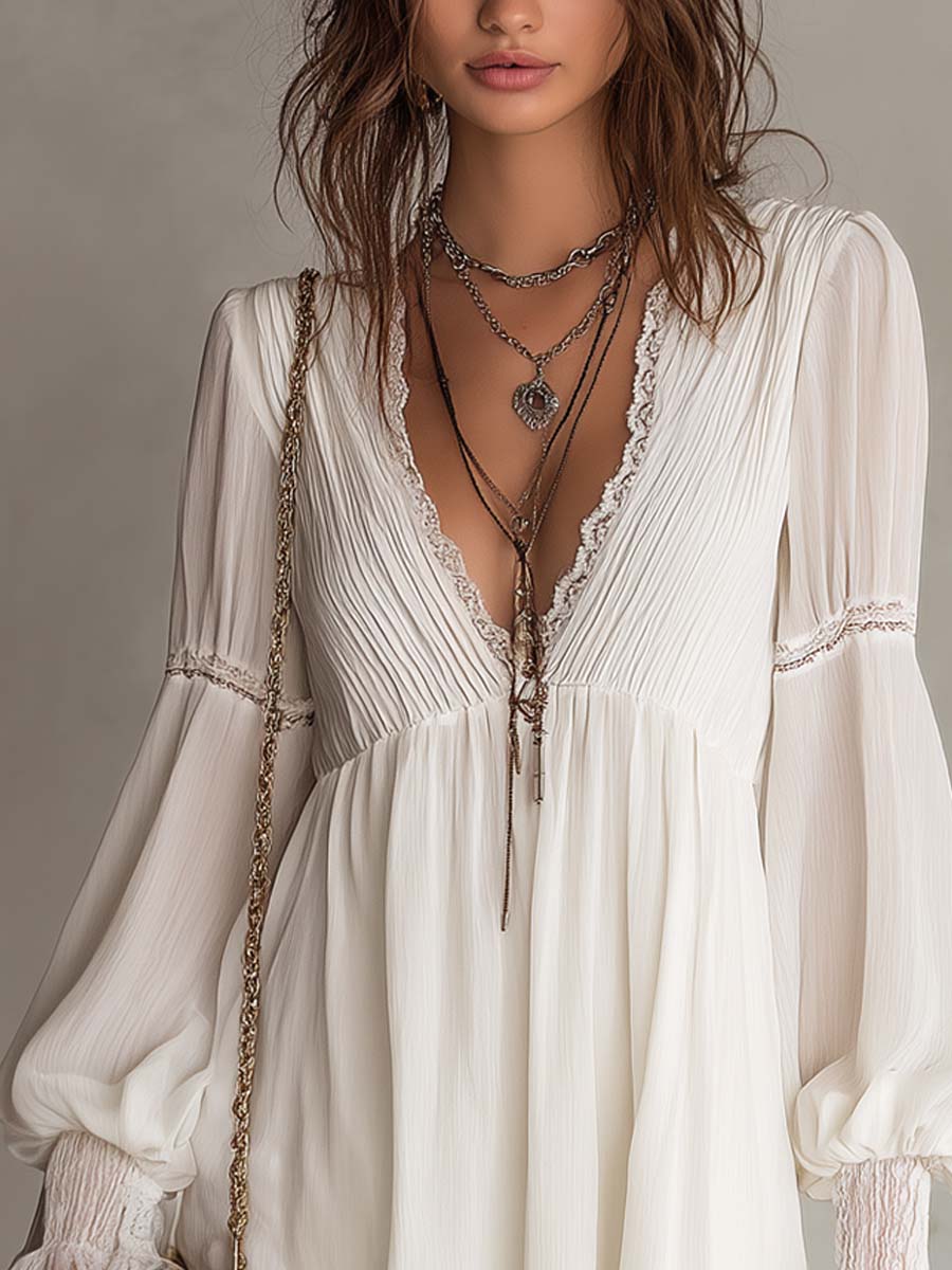 Retro Pleated-Bust Chiffon Mini Dress