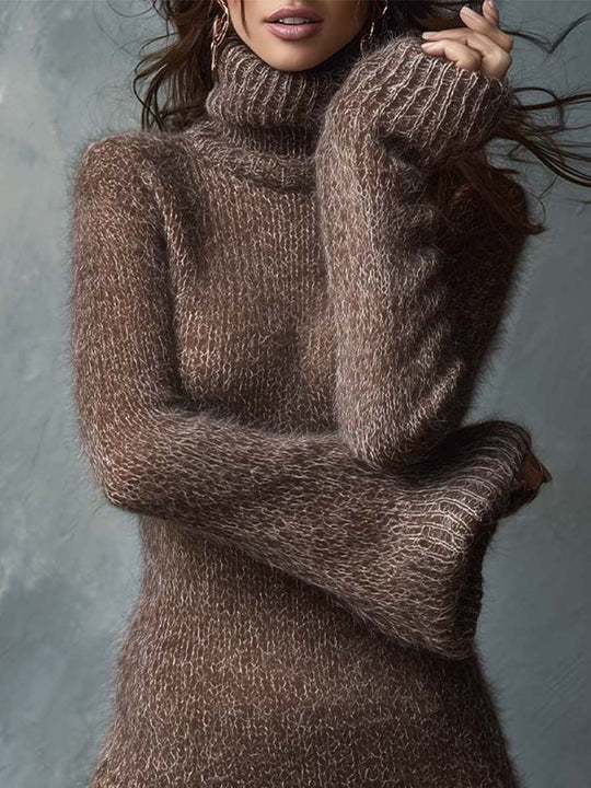 Soft Fluffy Knit Turtleneck Mini Dress