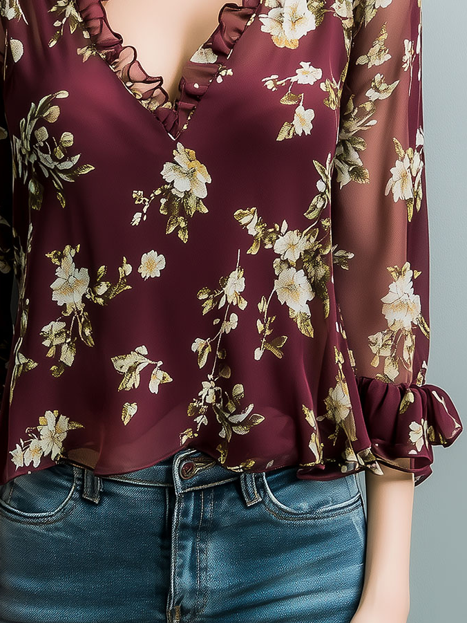 Ruffled Trim Floral Printed Chiffon Blouse