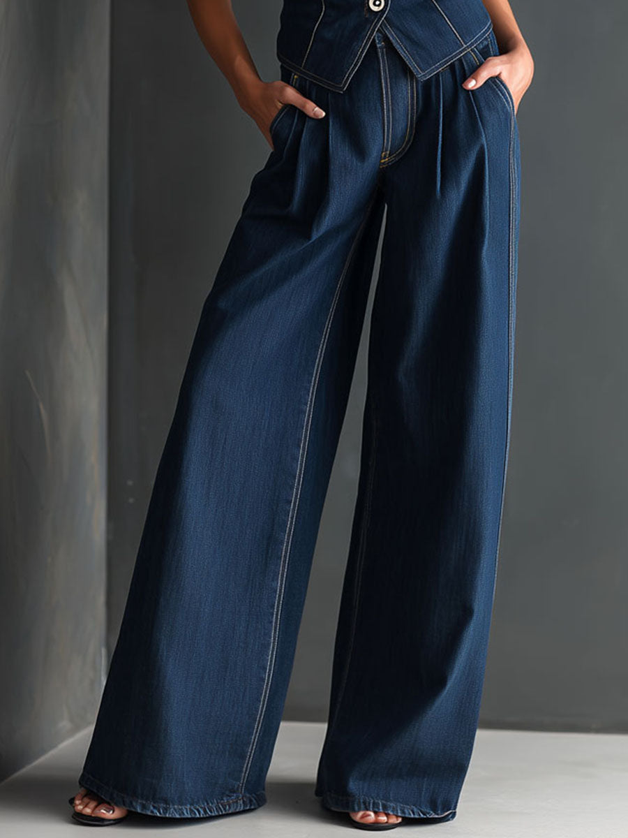 Retro Dark Indigo Denim Ailored Vest & High-Waist Wide-Leg Pants Set