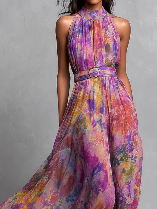 Boho Watercolor Chiffon Halter Belted Maxi Dress