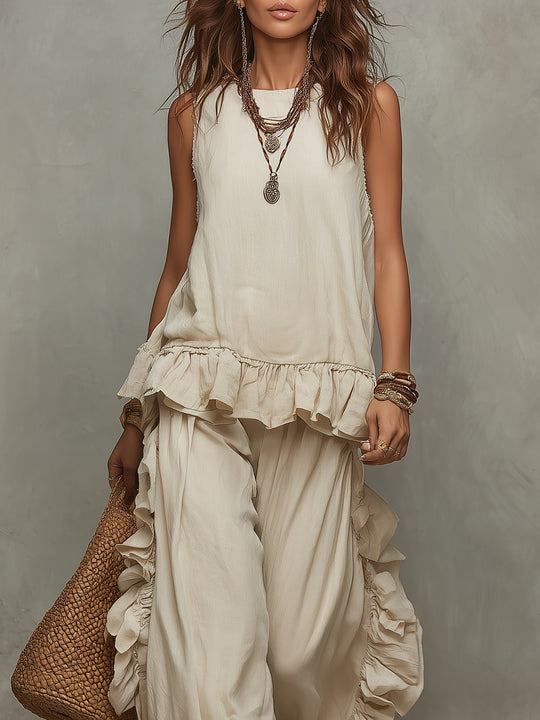 Retro Ruffled Sleeveless Top & Wide-leg Pants Set