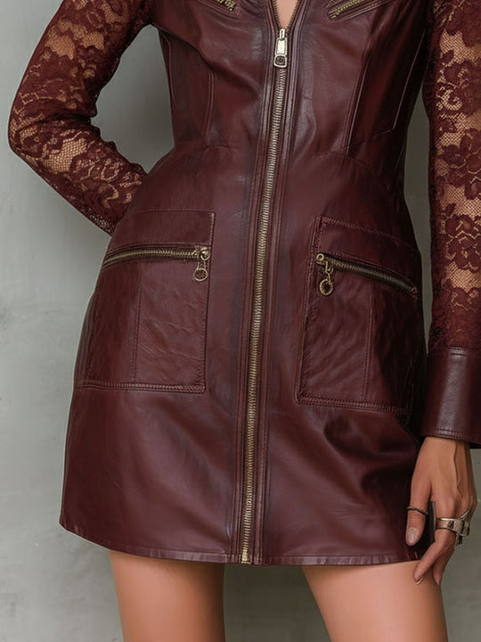 Classic Burgundy Eco Leather Zip-Front Mini Dress With Lace Sleeve