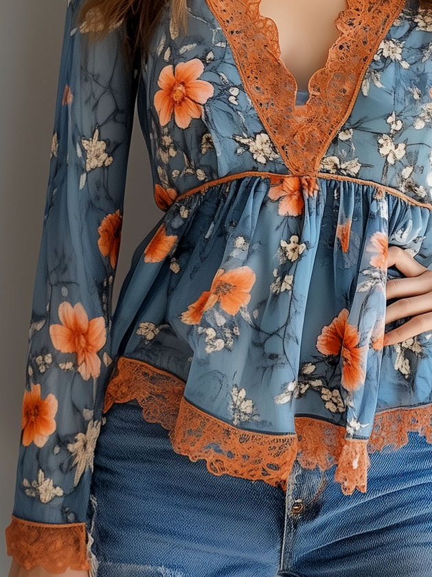 Boho Floral Printed Lace Trim Chiffon Blouse