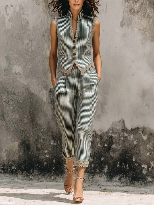 Classic Beige Green Striped Vest & Cropped Pants Two-Piece Set