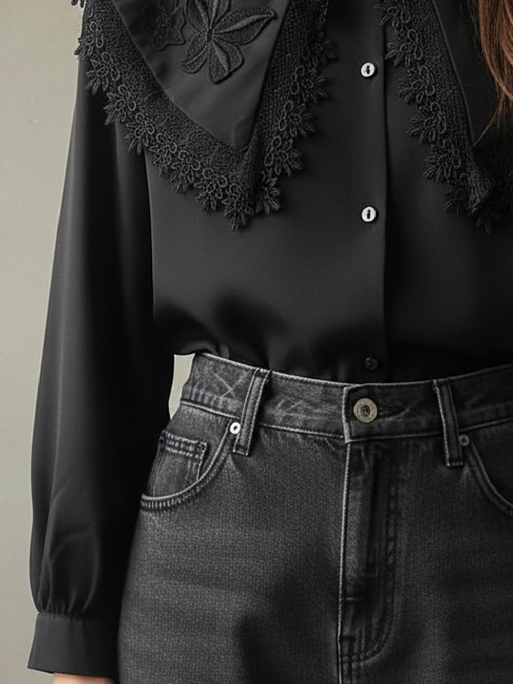 Elegant Black Embroidered Lace Collar Shirt