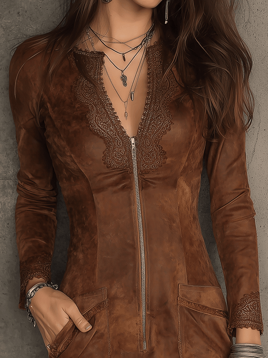 Vintage Caramel Brown Lace Trim And Zip Front Suede Mini Dress