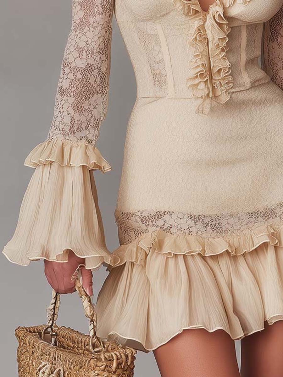 Romantic Bohemian Lace Ruffle Mini Dress