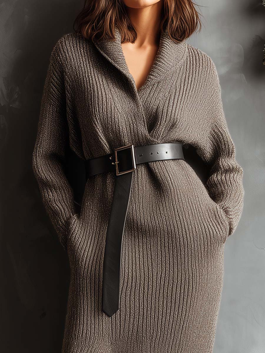 Ribbed Knit V-Neck Midi Dress With Belt