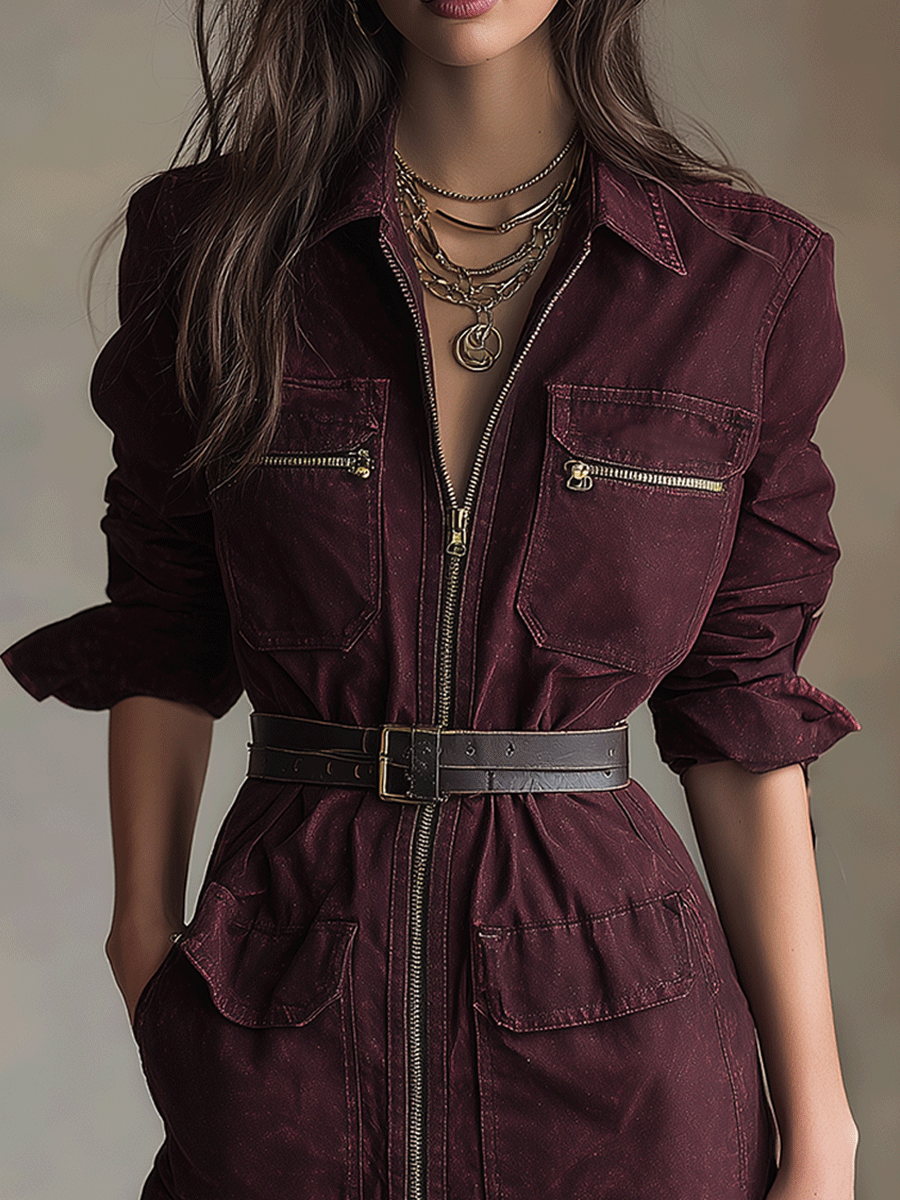 Vintage Burgundy Zip-Front Utility Mini Dress