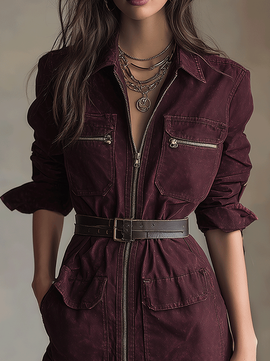 Vintage Burgundy Zip-Front Utility Mini Dress