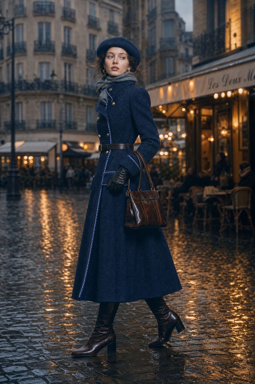 Herringbone Wool Double-Breasted Long Coat with Contrast Piping