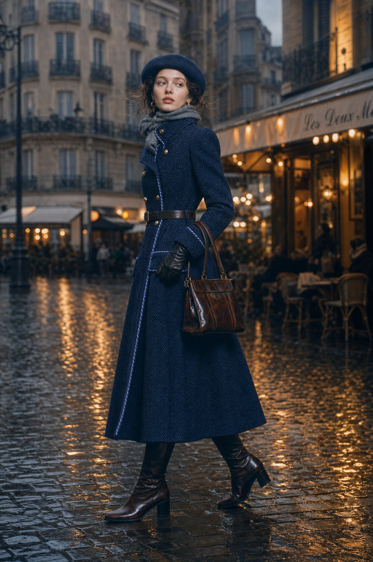 Herringbone Wool Double-Breasted Long Coat with Contrast Piping