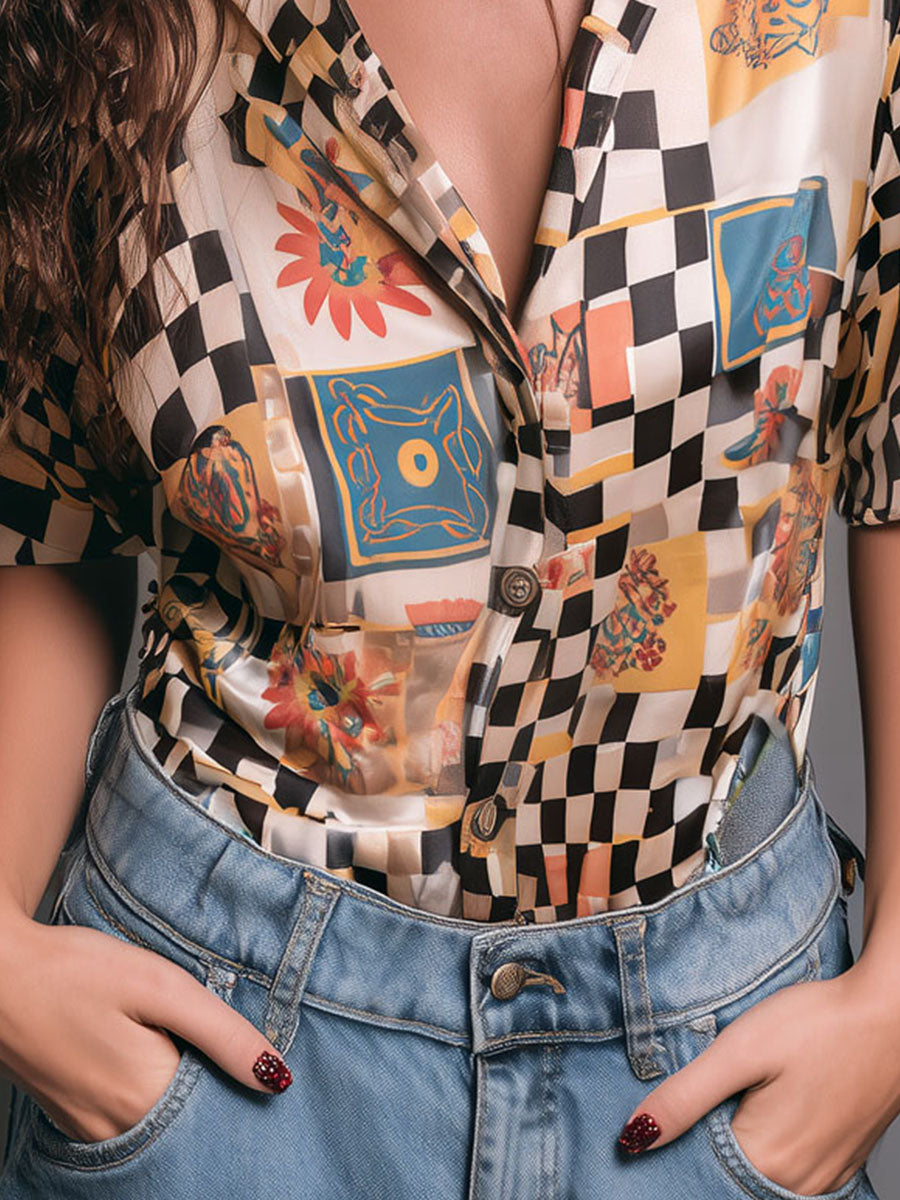 Retro Checkerboard Colorful Collage Print Satin Shirt