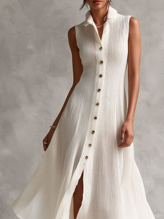 Quiet Luxury Ivory Mesh Knit Sleeveless Midi Dress With Flared Hem