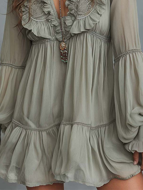 Embroidered V-Neck Chiffon Boho Mini Dress