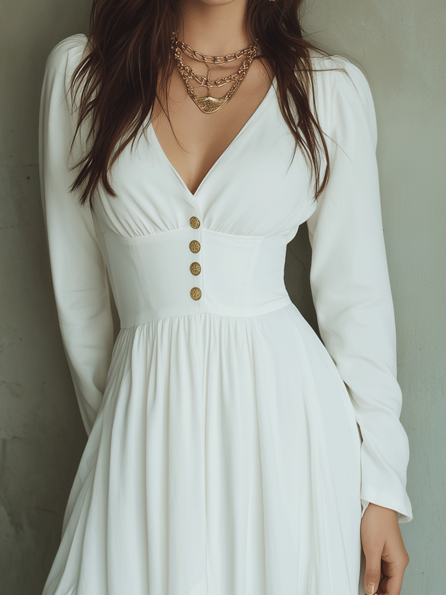 Elegant White V-Neck Fit & Flare Midi Dress