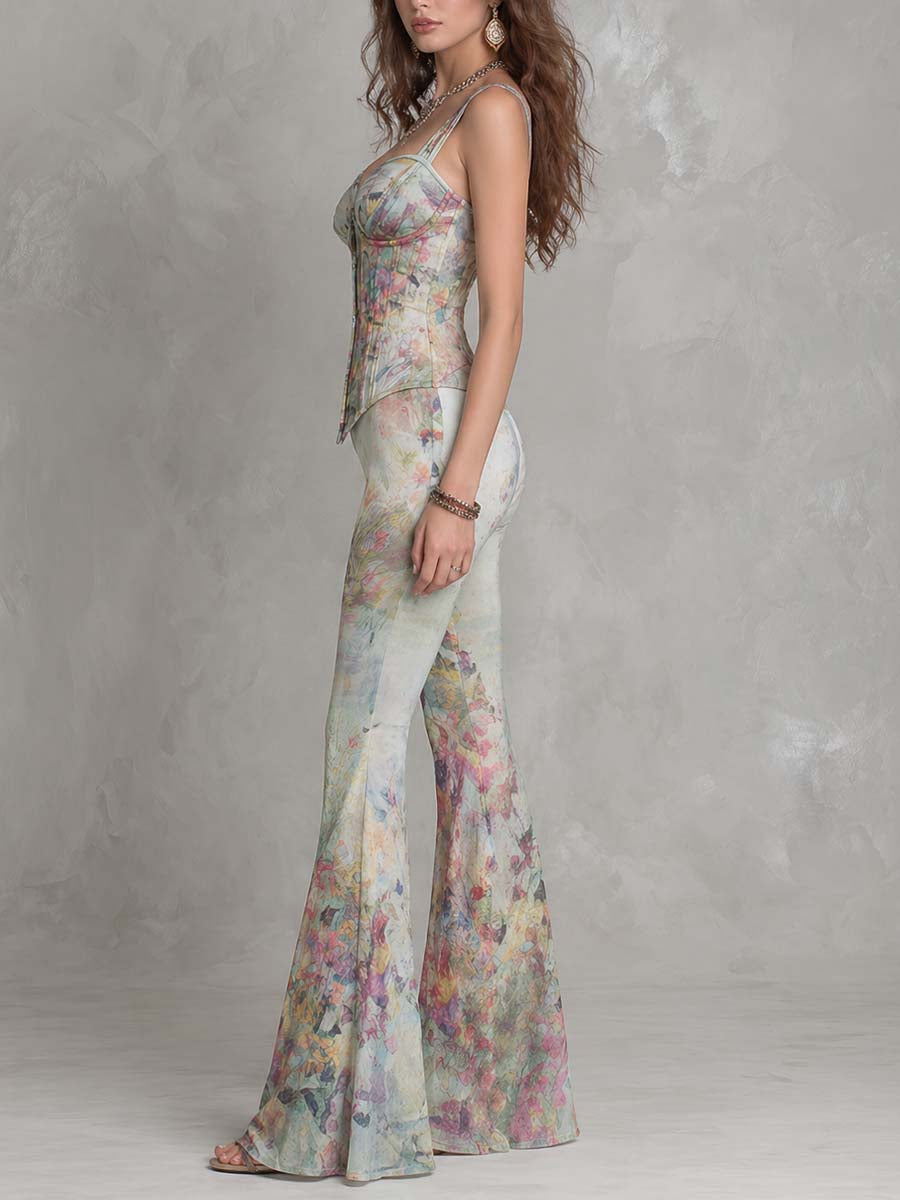 Watercolor Floral Corset-Style Cami And High-Waisted Flared Pants Two-Piece Set