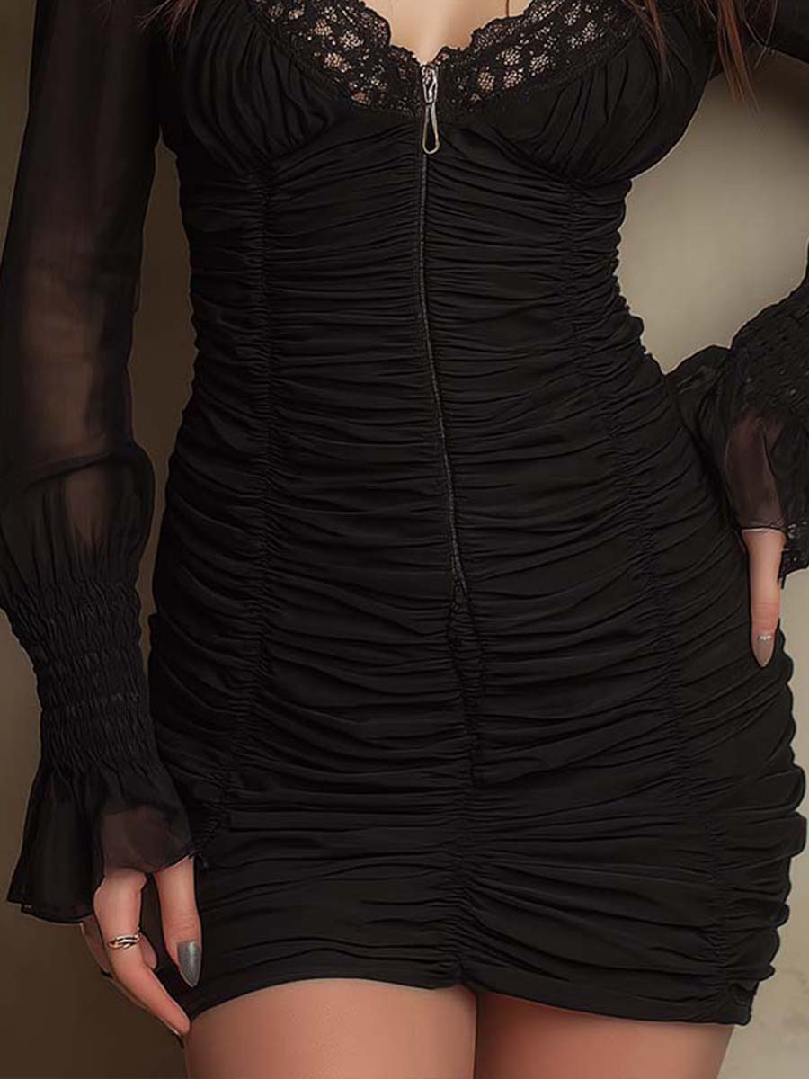 Sheer-Sleeve Ruched Zip Mini Dress With Lace Trim