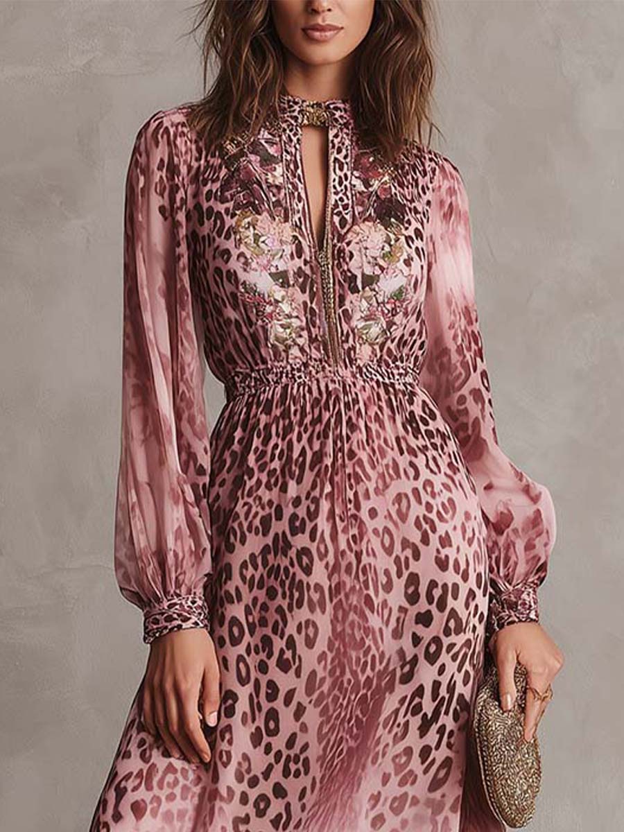 Pink Floral Leopard Chiffon Maxi Dress