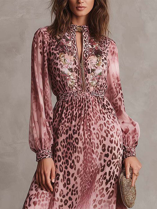 Pink Floral Leopard Chiffon Maxi Dress
