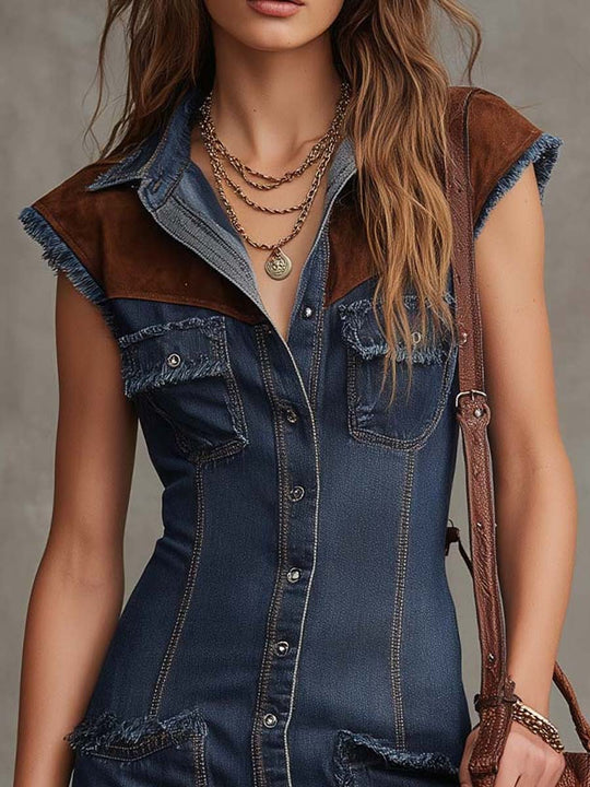 Retro Denim & Eco-Suede Patchwork Mini Dress