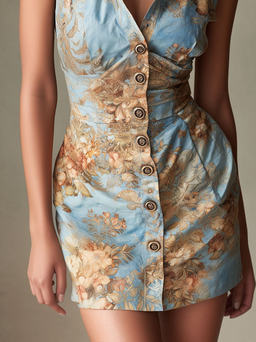 Retro Blue Floral Print Button-Front Sleeveless Mini Dress